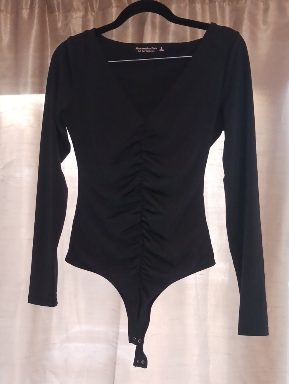 Abercrombie & Fitch Black Ruched V-Neck Long-Sleeve Bodysuit